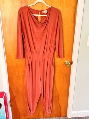 Anthropologie Long-Sleeve Rust Jumpsuit with Draped Neckline
